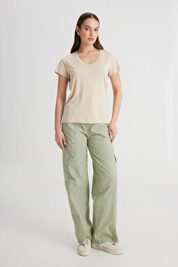 Regular Fit Rahat Kesim V Yaka Tişört - Oxford Tan-L41JENUQ (görsel 3)