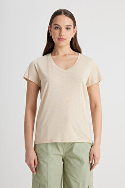 Regular Fit Rahat Kesim V Yaka Tişört - Oxford Tan-L41JENUQ (görsel 4)