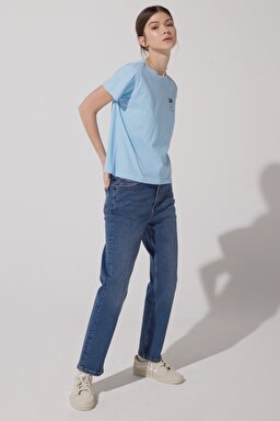 Oversize Fit Rahat Kesim %100 Pamuk Bisiklet Yaka Tişört - Shasta Blue-L43UEPA32 (görsel 4)