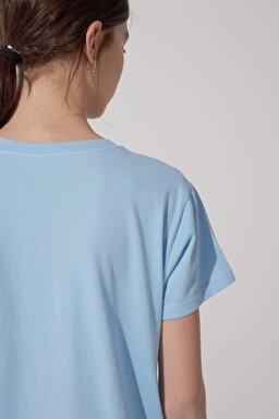 Oversize Fit Rahat Kesim %100 Pamuk Bisiklet Yaka Tişört - Shasta Blue-L43UEPA32 (görsel 5)