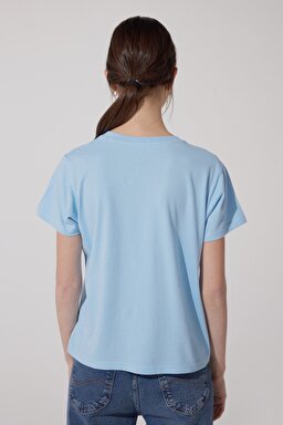 Oversize Fit Rahat Kesim %100 Pamuk Bisiklet Yaka Tişört - Shasta Blue-L43UEPA32 (görsel 6)
