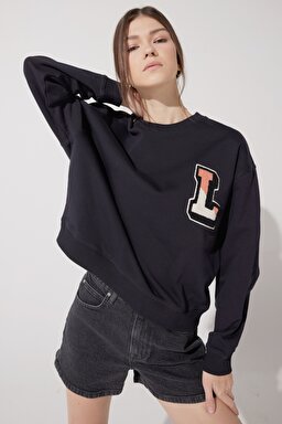 Loose Fit Rahat Kesim %100 Pamuk Bisiklet Yaka Sweatshirt - Union All Black-L53LRY86