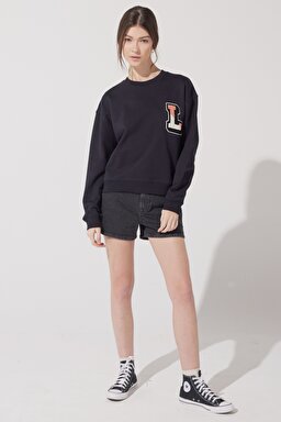 Loose Fit Rahat Kesim %100 Pamuk Bisiklet Yaka Sweatshirt - Union All Black-L53LRY86 (görsel 4)