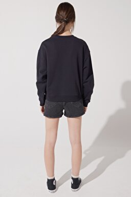 Loose Fit Rahat Kesim %100 Pamuk Bisiklet Yaka Sweatshirt - Union All Black-L53LRY86 (görsel 7)