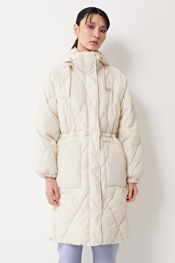 Regular Fit Normal Kesim Kapüşonlu Uzun Şişme Mont - Ecru-L55KEVDN