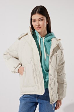 Regular Fit Normal Kesim Kapüşonlu Şişme Mont - Ecru-L55LEVDN (görsel 2)
