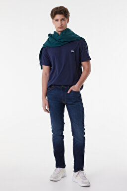 Regular Fit Normal Kesim Sıfır Yaka %100 Pamuk Tişört - Navy-L60UFQ35 (görsel 2)