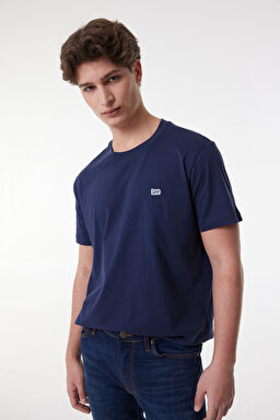 Regular Fit Normal Kesim Sıfır Yaka %100 Pamuk Tişört - Navy-L60UFQ35 (görsel 3)