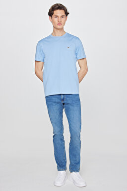 %100 Pamuk Regular Fit Normal Kesim Bisiklet Yaka Logo Detaylı Tişört - Blue-L60UFQ400 (görsel 3)