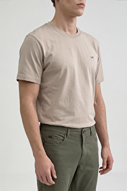 %100 Pamuk Regular Fit Normal Kesim Bisiklet Yaka Logo Detalı Tişört - Beige-L60UFQ614 (görsel 4)