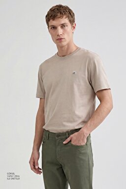 %100 Pamuk Regular Fit Normal Kesim Bisiklet Yaka Logo Detalı Tişört - Beige-L60UFQ614
