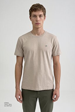%100 Pamuk Regular Fit Normal Kesim Bisiklet Yaka Logo Detalı Tişört - Beige-L60UFQ614 (görsel 2)