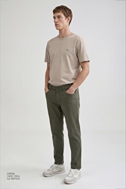 %100 Pamuk Regular Fit Normal Kesim Bisiklet Yaka Logo Detalı Tişört - Beige-L60UFQ614 (görsel 3)