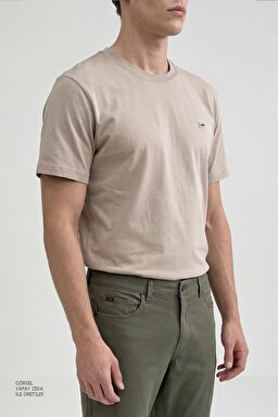 %100 Pamuk Regular Fit Normal Kesim Bisiklet Yaka Logo Detalı Tişört - Beige-L60UFQ614 (görsel 4)