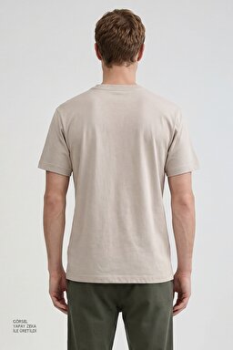 %100 Pamuk Regular Fit Normal Kesim Bisiklet Yaka Logo Detalı Tişört - Beige-L60UFQ614 (görsel 5)