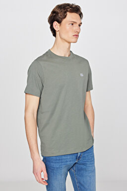 %100 Pamuk Regular Fit Normal Kesim Bisiklet Yaka Logo Detaylı Tişört - Khaki-L60UFQ801