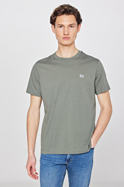 %100 Pamuk Regular Fit Normal Kesim Bisiklet Yaka Logo Detaylı Tişört - Khaki-L60UFQ801 (görsel 2)