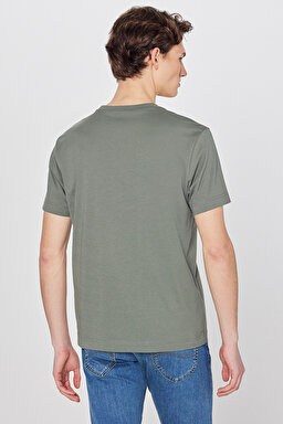 %100 Pamuk Regular Fit Normal Kesim Bisiklet Yaka Logo Detaylı Tişört - Khaki-L60UFQ801 (görsel 5)