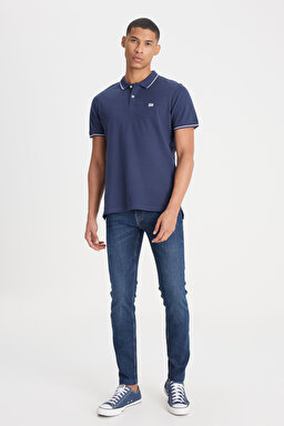Slim Fit Dar Kesim Polo Yaka %100 Pamuk Tişört - Navy-L61ARL35 (görsel 3)