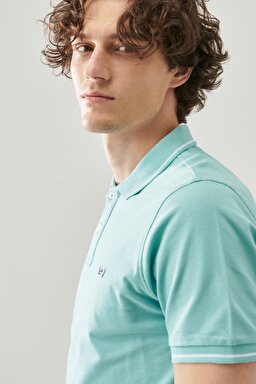 Regular Fit Rahat Kesim %100 Pamuk Polo Yaka Pique Tişört - Mint Blue-L61ARLUD (görsel 4)