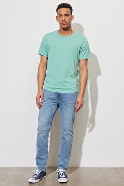 Regular Fit Normal Kesim %100 Pamuk Bisiklet Yaka Yeşil Tişört - Dusty Jade-L62JCK41 (görsel 4)