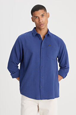 Relaxed Fit Geniş Kesim %100 Pamuk Lacivert Gömlek - Medieval Blue-L66N20529513