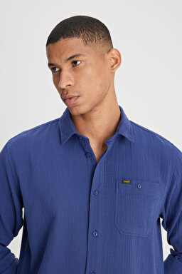 Relaxed Fit Geniş Kesim %100 Pamuk Lacivert Gömlek - Medieval Blue-L66N20529513 (görsel 4)
