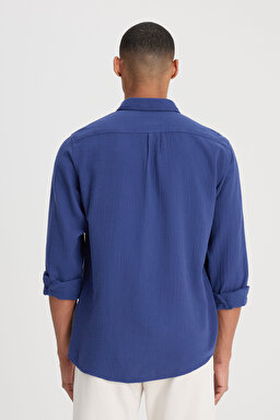 Relaxed Fit Geniş Kesim %100 Pamuk Lacivert Gömlek - Medieval Blue-L66N20529513 (görsel 5)