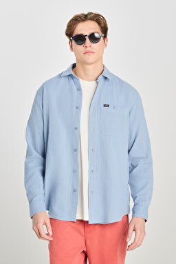 %100 Pamuk Relaxed Fit Geniş Kesim Mavi Müslin Gömlek - Blue-L66N205295400 (görsel 2)