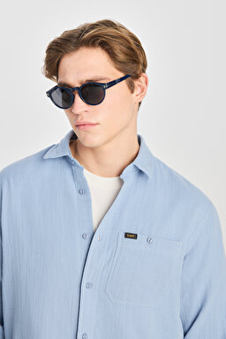 %100 Pamuk Relaxed Fit Geniş Kesim Mavi Müslin Gömlek - Blue-L66N205295400 (görsel 4)