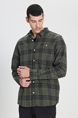 Regular Fit Normal Kesim %100 Pamuk Ekose Haki Uzun Kollu Gömlek - Olive Grove-L66NROA61