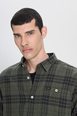 Regular Fit Normal Kesim %100 Pamuk Ekose Haki Uzun Kollu Gömlek - Olive Grove-L66NROA61 (görsel 2)