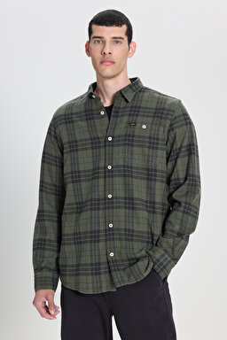 Regular Fit Normal Kesim %100 Pamuk Ekose Haki Uzun Kollu Gömlek - Olive Grove-L66NROA61 (görsel 4)