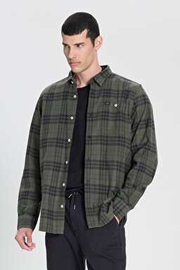 Regular Fit Normal Kesim %100 Pamuk Ekose Haki Uzun Kollu Gömlek - Olive Grove-L66NROA61 (görsel 5)