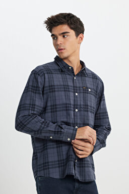 Regular Fit Normal Kesim %100 Pamuk Ekose Mavi Uzun Kollu Gömlek - Taint Grey-L66NROA66