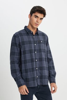 Regular Fit Normal Kesim %100 Pamuk Ekose Mavi Uzun Kollu Gömlek - Taint Grey-L66NROA66 (görsel 3)