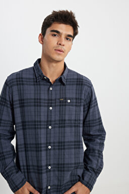 Regular Fit Normal Kesim %100 Pamuk Ekose Mavi Uzun Kollu Gömlek - Taint Grey-L66NROA66 (görsel 5)