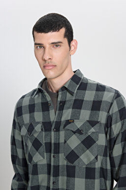 Regular Fit Normal Kesim %100 Pamuk Ekose Haki Siyah Uzun Kollu Gömlek - Fort Green-L66RRRA15