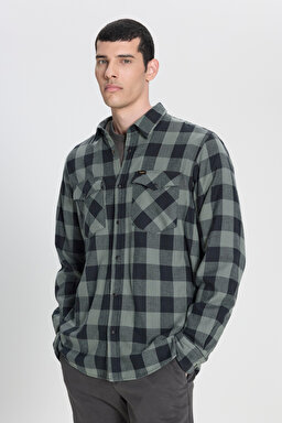 Regular Fit Normal Kesim %100 Pamuk Ekose Haki Siyah Uzun Kollu Gömlek - Fort Green-L66RRRA15 (görsel 2)