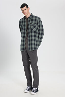 Regular Fit Normal Kesim %100 Pamuk Ekose Haki Siyah Uzun Kollu Gömlek - Fort Green-L66RRRA15 (görsel 3)