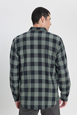 Regular Fit Normal Kesim %100 Pamuk Ekose Haki Siyah Uzun Kollu Gömlek - Fort Green-L66RRRA15 (görsel 5)
