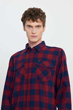 Regular Fit Normal Kesim %100 Pamuk Kırmızı Lacivert Uzun Kollu Gömlek - Port-L66RRRA84 (görsel 4)