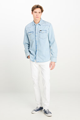 Regular Fit Normal Kesim %100 Pamuk Açık Mavi Jean Kot Gömlek - Summer Haze-L66WCUA34 (görsel 3)