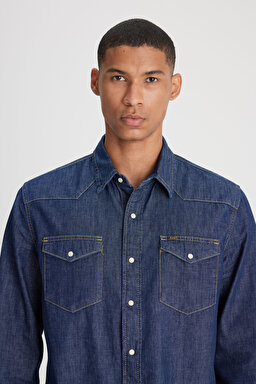 Regular Fit Normal Kesim %100 Pamuk Denim Gömlek - Blue-L66WPLLH (görsel 3)