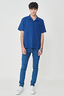 Regular Fit Normal Kesim %100 Pamuk Lacivert Kısa Kollu Gömlek - Dipped Blue-L67PLDLA (görsel 6)