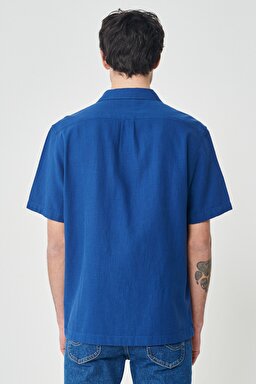 Regular Fit Normal Kesim %100 Pamuk Lacivert Kısa Kollu Gömlek - Dipped Blue-L67PLDLA (görsel 7)
