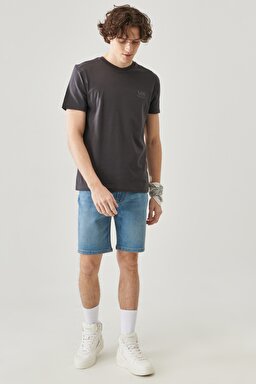 Regular Fit Normal Kesim Bisiklet Yaka Antrasit Tişört - Washed Black-L68SFEON (görsel 3)