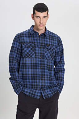 Regular Fit Normal Kesim %100 Pamuk Ekose Mavi Siyah Gömlek - Black-L69HTM01 (görsel 2)