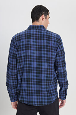 Regular Fit Normal Kesim %100 Pamuk Ekose Mavi Siyah Gömlek - Black-L69HTM01 (görsel 5)