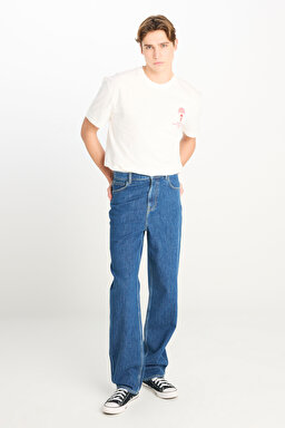 %100 Pamuk Asher Loose Fit Geniş Kesim Geniş Paça Mavi Jean Denim Pantolon - Mid Indigo-L70E00001381